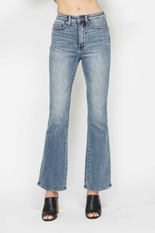 Judy Blue Full Size Tummy Control Back Embroidered Pocketed Bootcut Jeans plus Size in REG INSEAM view 2 - Curvy Fit