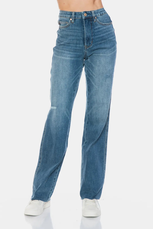 Judy Blue Full Size Tummy Control Cut Raw Hem Straight Jeans in Medium - Curvy Fit - Judy Blue Tummy Jeans (bottom)