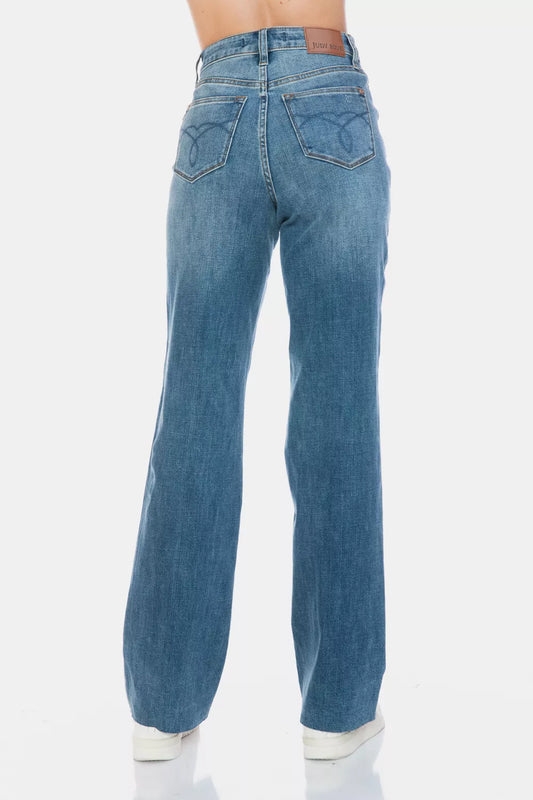Judy Blue Full Size Tummy Control Cut Raw Hem Straight Jeans in Medium view 2 - Curvy Fit - Judy Blue Tummy Jeans