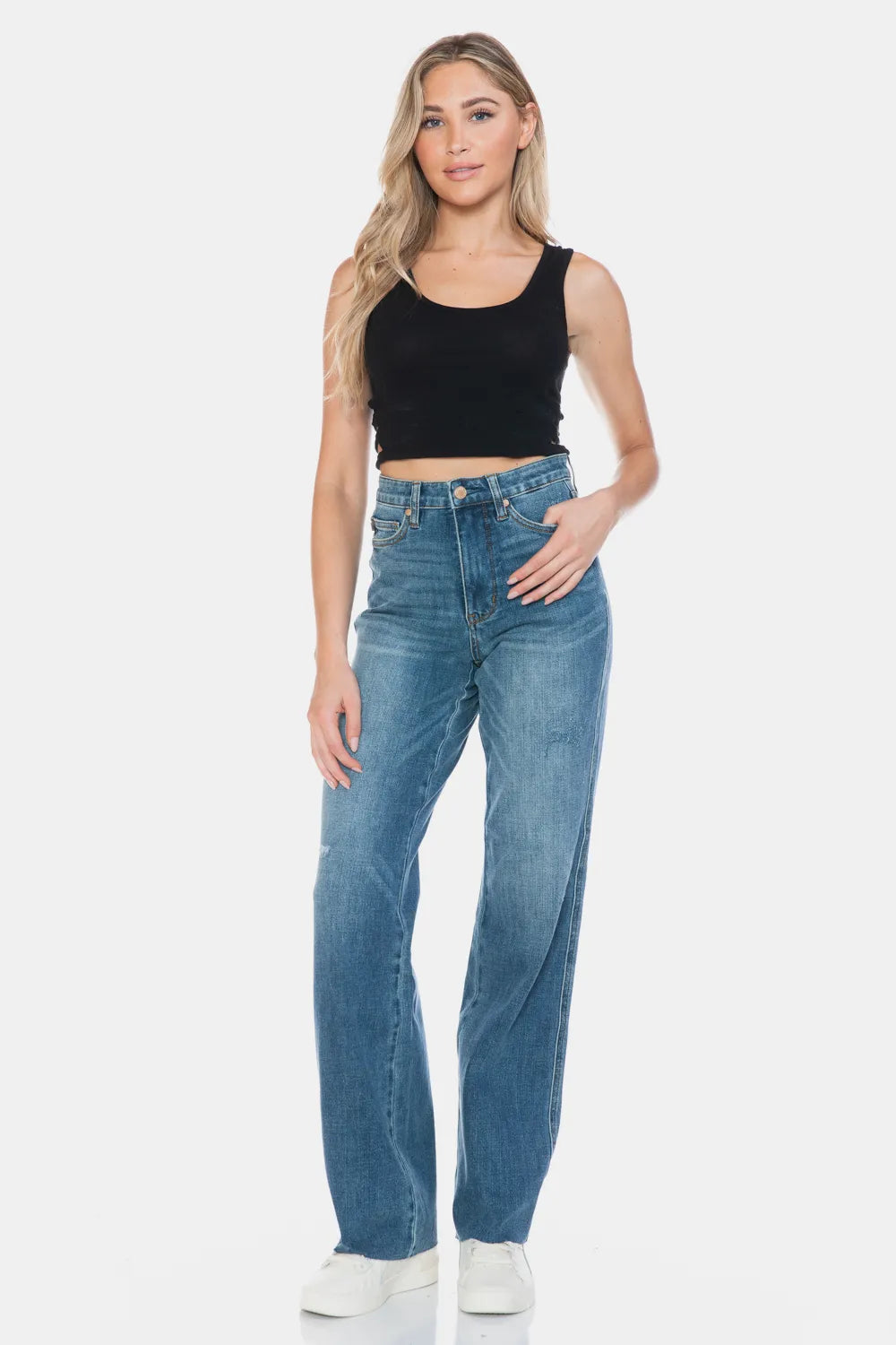 Judy Blue Full Size Tummy Control Cut Raw Hem Straight Jeans - MeeeShop Women's Fashion