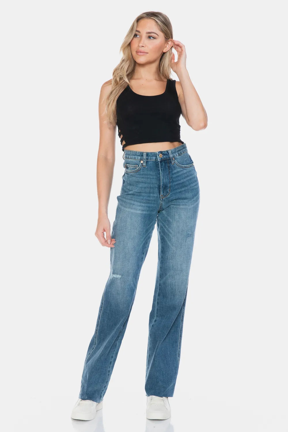 Judy Blue Full Size Tummy Control Cut Raw Hem Straight Jeans - MeeeShop Women's Fashion