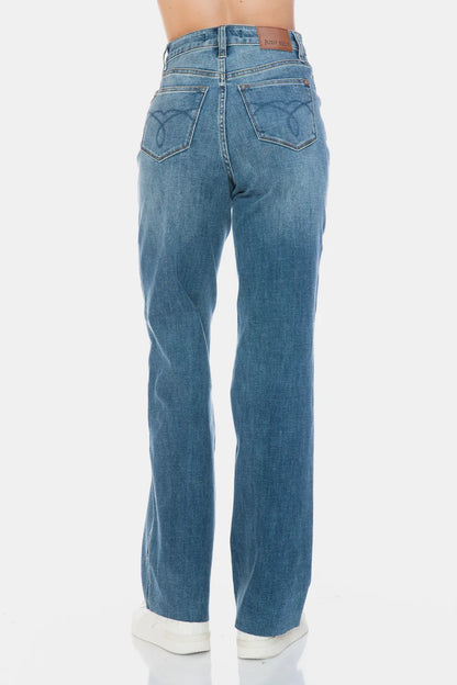 Judy Blue Full Size Tummy Control Cut Raw Hem Straight Jeans - MeeeShop Women's Fashion