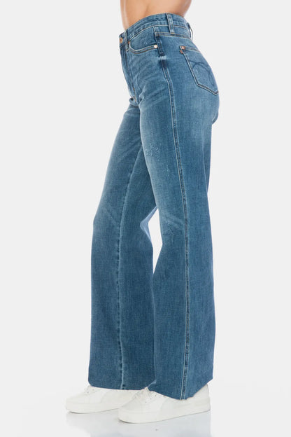 Judy Blue Full Size Tummy Control Cut Raw Hem Straight Jeans - MeeeShop Women's Fashion