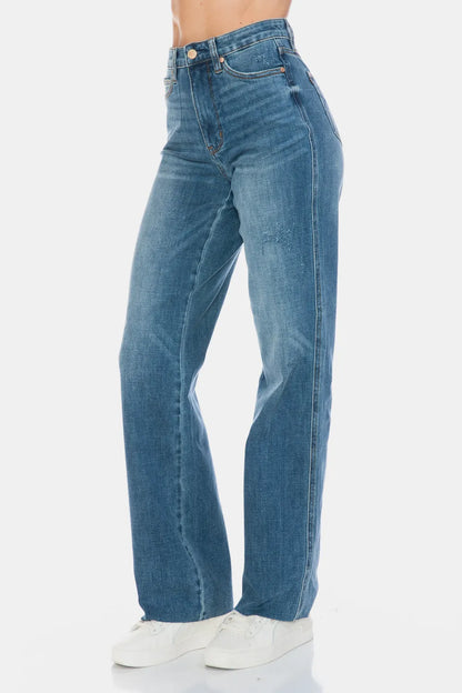 Judy Blue Full Size Tummy Control Cut Raw Hem Straight Jeans - MeeeShop Women's Fashion