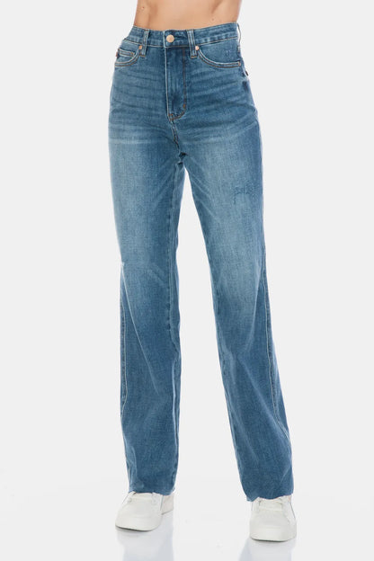 Judy Blue Full Size Tummy Control Cut Raw Hem Straight Jeans - MeeeShop Women's Fashion
