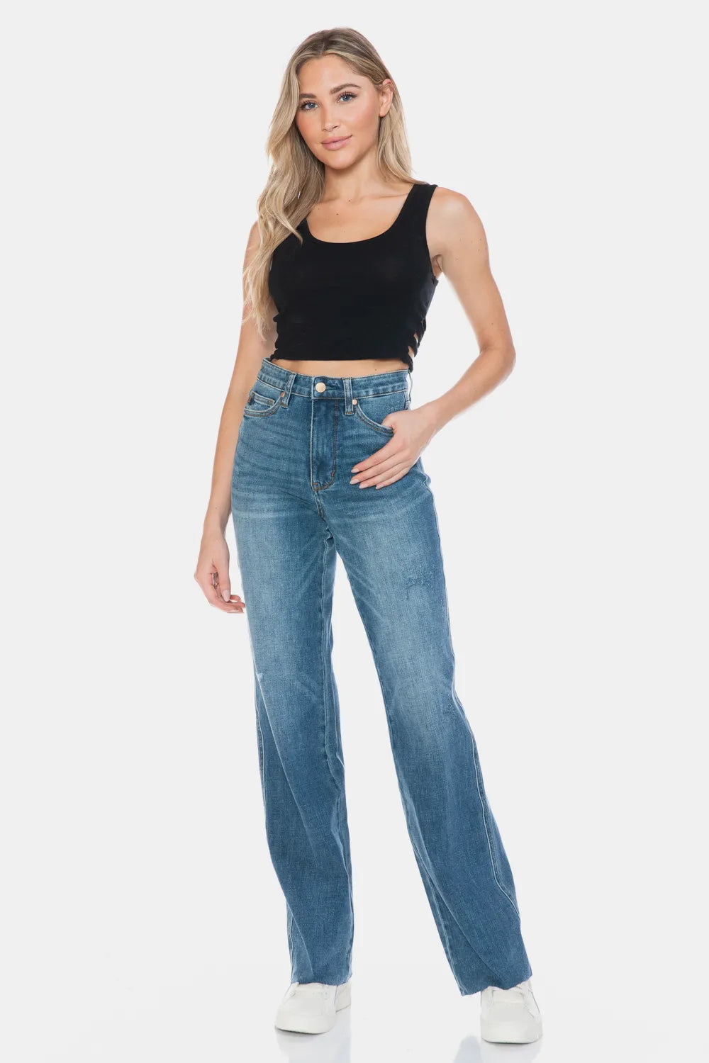 Judy Blue Full Size Tummy Control Cut Raw Hem Straight Jeans - MeeeShop Women's Fashion