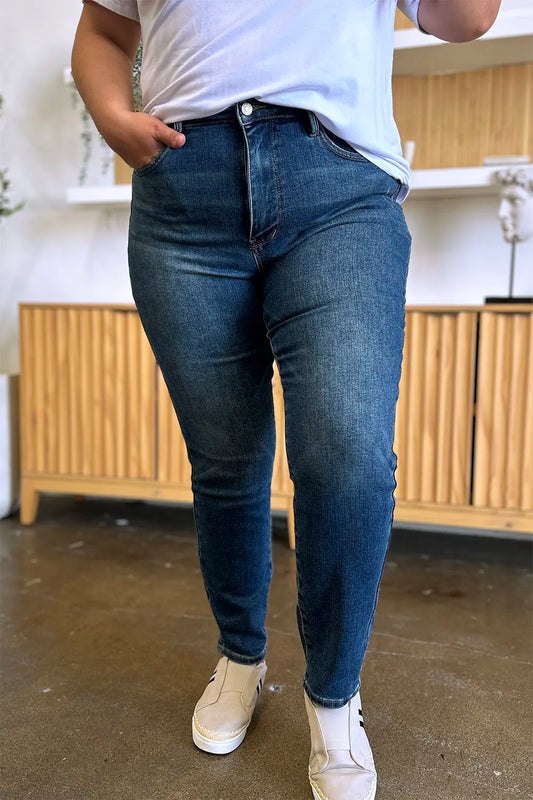 Judy Blue Full Size Tummy Control High Waist Slim Jeans in Dark view 2 - High-Waisted - Judy Jeans (bottom)