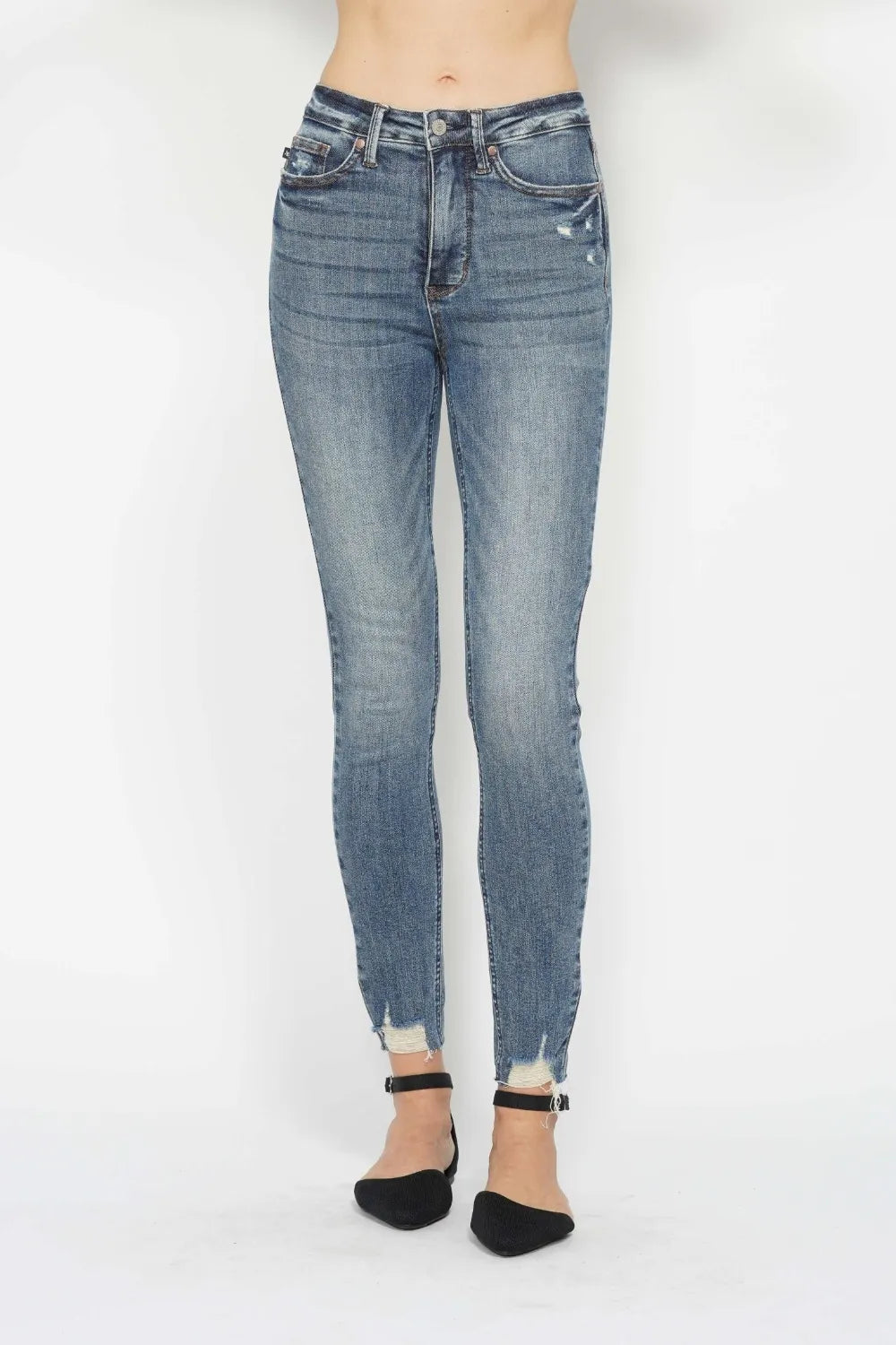 Judy Blue Full Size Tummy Control Vintage Wash Hem Destroy Skinny Jeans in Medium - Curvy Fit - Judy Blue Tummy Jeans