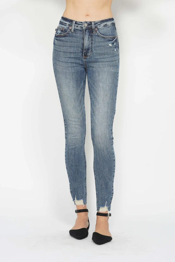 Judy Blue Full Size Tummy Control Vintage Wash Hem Destroy Skinny Jeans - MeeeShop Women's Fashion