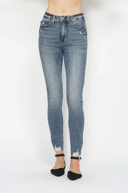 Judy Blue Full Size Tummy Control Vintage Wash Hem Destroy Skinny Jeans - MeeeShop Women's Fashion