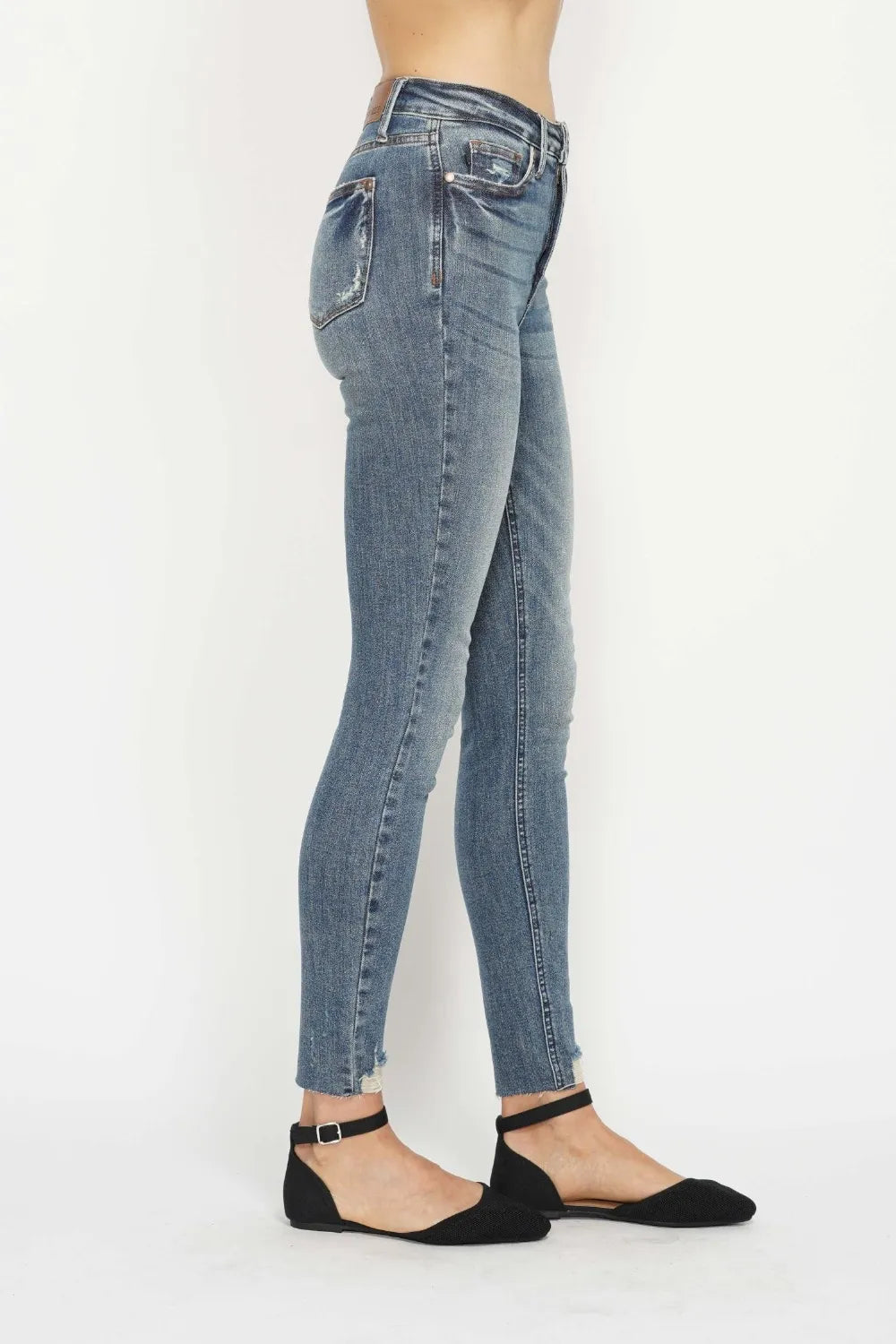 Judy Blue Full Size Tummy Control Vintage Wash Hem Destroy Skinny Jeans - MeeeShop Women's Fashion