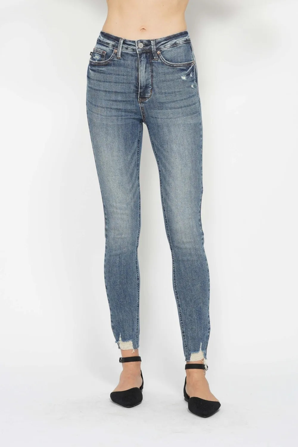 Judy Blue Full Size Tummy Control Vintage Wash Hem Destroy Skinny Jeans - MeeeShop Women's Fashion