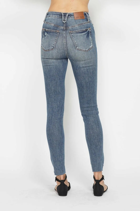 Judy Blue Full Size Tummy Control Vintage Wash Hem Destroy Skinny Jeans in Medium view 2 - Curvy Fit - Judy Blue Tummy Jeans