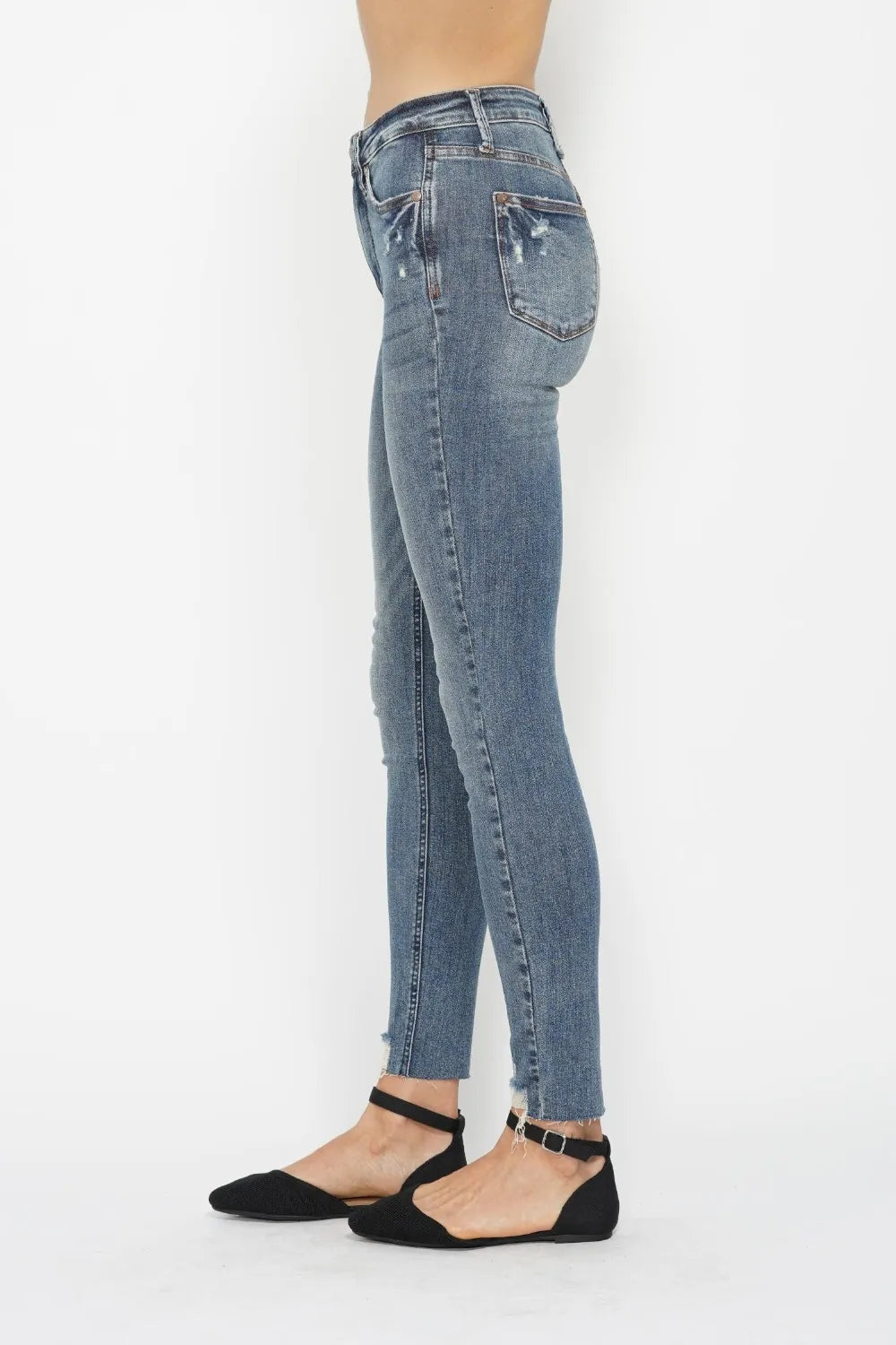 Judy Blue Full Size Tummy Control Vintage Wash Hem Destroy Skinny Jeans in Medium view 3 - Curvy Fit - Judy Blue Tummy Jeans
