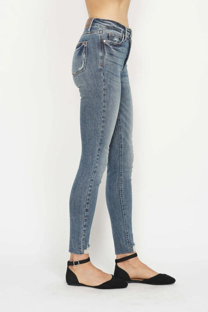 Judy Blue Full Size Tummy Control Vintage Wash Hem Destroy Skinny Jeans in Medium view 4 - Curvy Fit - Judy Blue Tummy Jeans