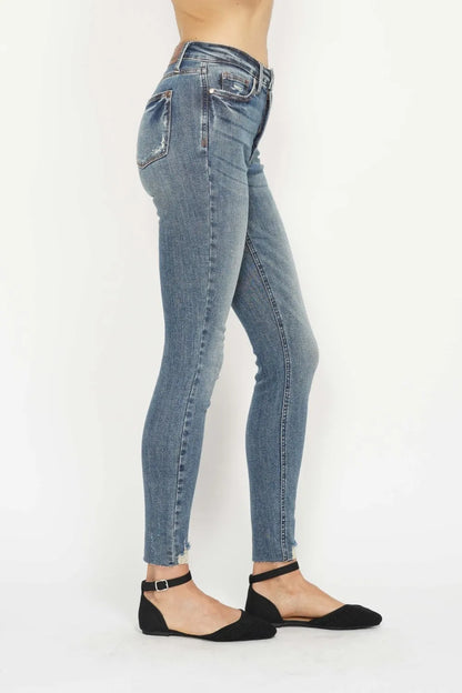 Judy Blue Full Size Tummy Control Vintage Wash Hem Destroy Skinny Jeans in Medium view 5 - Curvy Fit - Judy Blue Tummy Jeans
