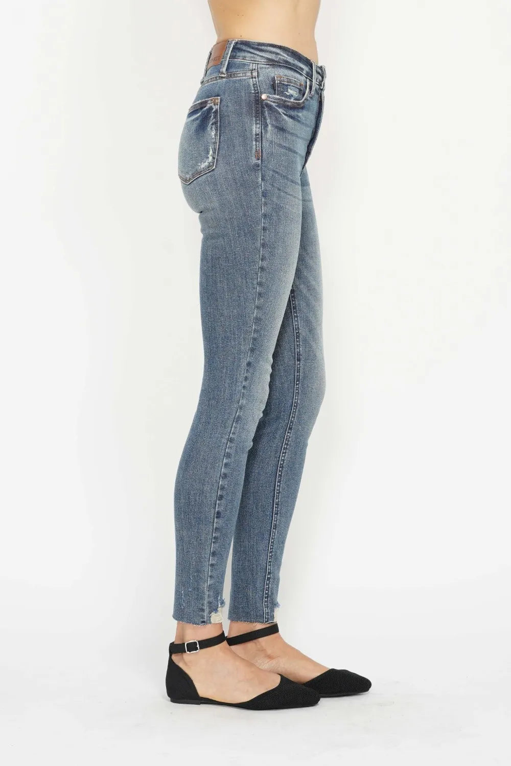 Judy Blue Full Size Tummy Control Vintage Wash Hem Destroy Skinny Jeans in Medium view 6 - Curvy Fit - Judy Blue Tummy Jeans