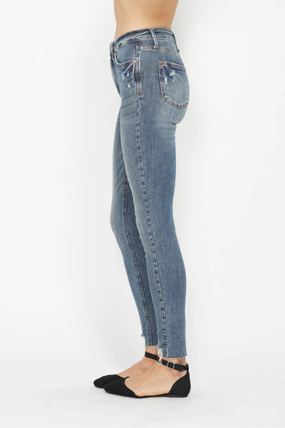 Judy Blue Full Size Tummy Control Vintage Wash Hem Destroy Skinny Jeans in Medium view 7 - Curvy Fit - Judy Blue Tummy Jeans