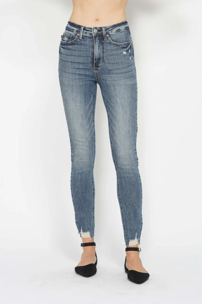 Judy Blue Full Size Tummy Control Vintage Wash Hem Destroy Skinny Jeans in Medium view 8 - Curvy Fit - Judy Blue Tummy Jeans