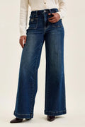 Judy Blue High Waist "lux" Retro Wide Jeans with Front Patch Tab Closure Dk Fade Indigo DK (bottom) - shop at us.meeeshop