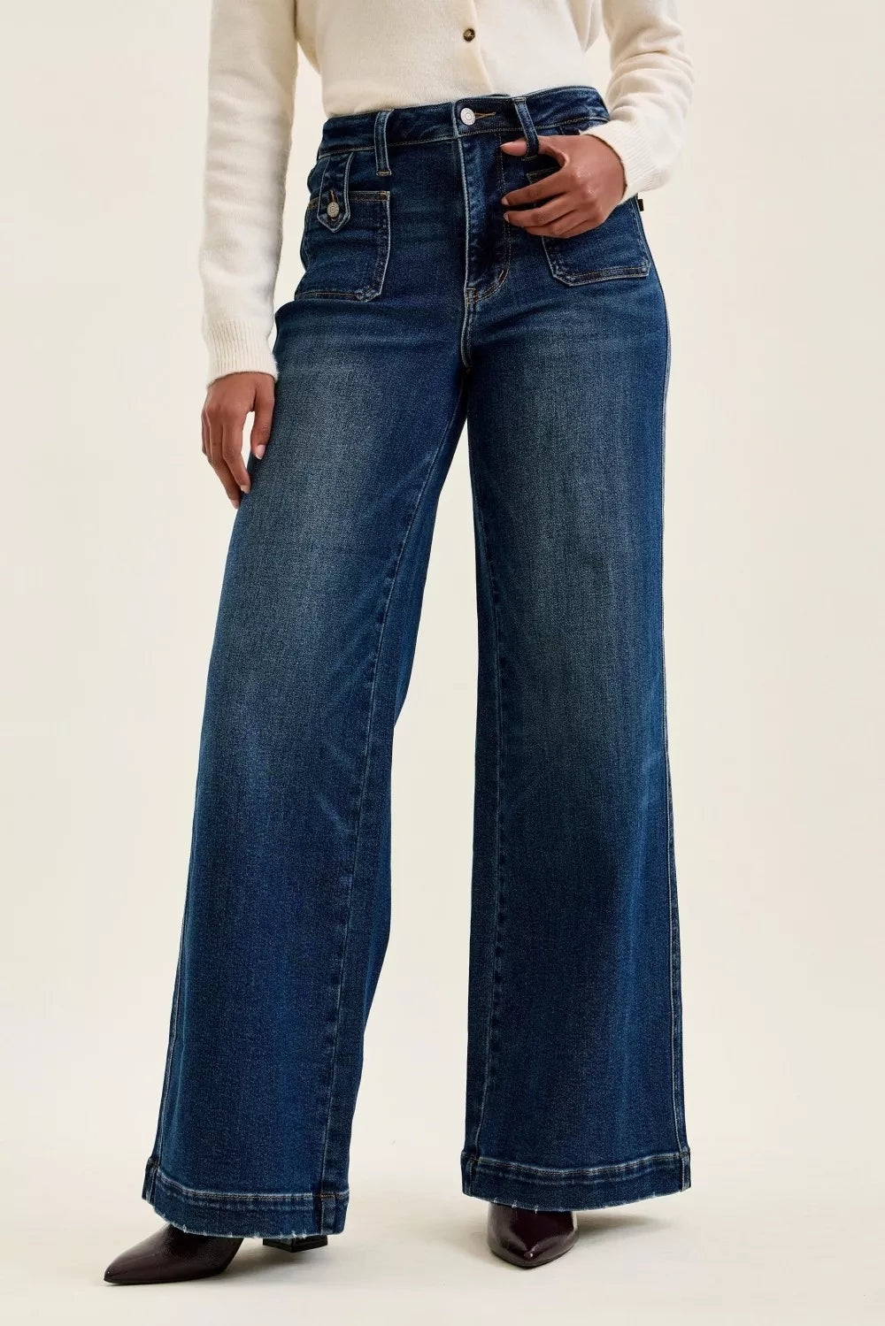 Judy Blue High Waist "lux" Retro Wide Jeans with Front Patch Tab Closure Dk Fade Indigo DK (bottom) - shop at us.meeeshop