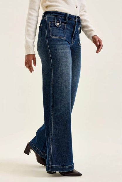 Judy Blue High Waist "lux" Retro Wide Jeans with Front Patch Tab Closure Dk Fade Indigo DK view 2 (bottom) - shop at us.meees