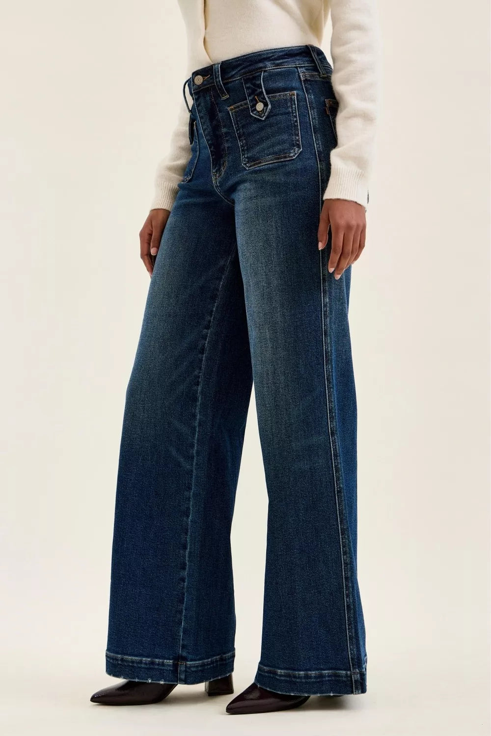 Judy Blue High Waist "lux" Retro Wide Jeans with Front Patch Tab Closure Dk Fade Indigo DK view 3 (bottom) - shop at us.meees