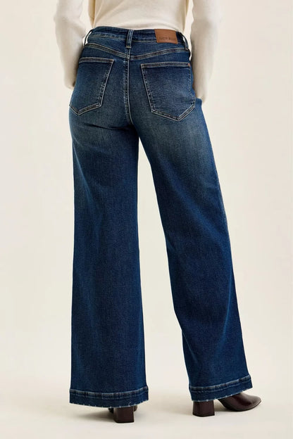 Judy Blue High Waist "lux" Retro Wide Jeans with Front Patch Tab Closure Dk Fade Indigo DK view 4 (bottom) - shop at us.meees
