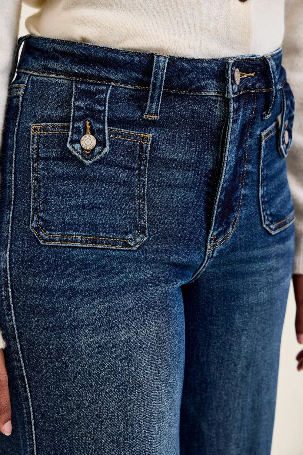 Judy Blue High Waist "lux" Retro Wide Jeans with Front Patch Tab Closure Dk Fade Indigo DK view 5 (bottom) - shop at us.meees
