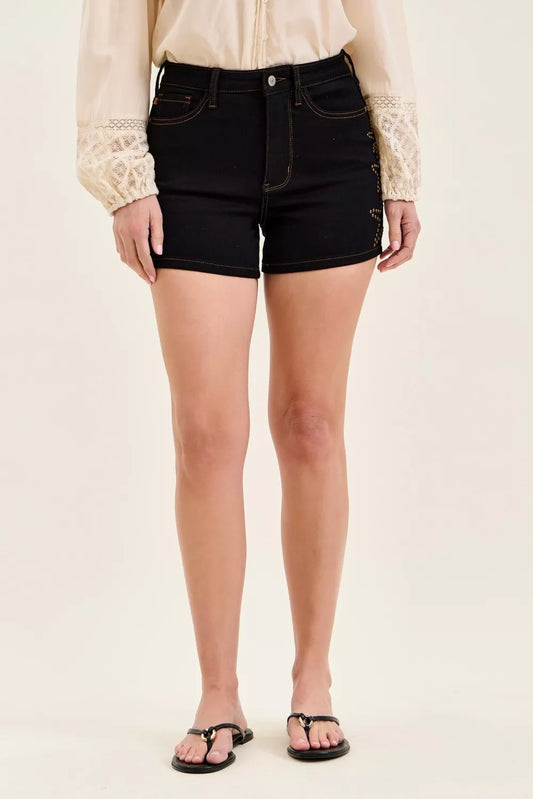 Judy Blue High Waist Slim Denim Short with Star Studded in BK - High-Waisted (bottom)