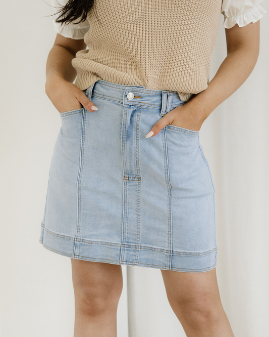 Juliet Exposed Seam Detail A-line Denim Mini Skirt with Pockets in Beau Blue - Pockets Skirt (bottom)