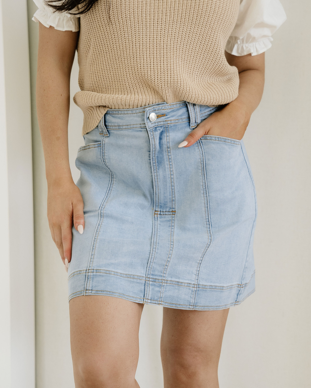 Juliet Exposed Seam Detail A-line Denim Mini Skirt with Pockets in Beau Blue view 2 - Pockets Skirt (bottom)