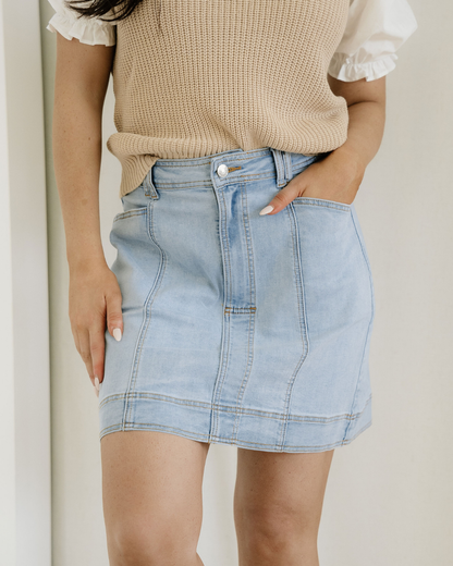 Juliet Exposed Seam Detail A-line Denim Mini Skirt with Pockets in Beau Blue view 2 - Pockets Skirt (bottom)