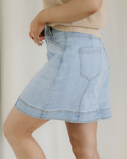 Juliet Exposed Seam Detail A-line Denim Mini Skirt with Pockets in Beau Blue view 3 - Pockets Skirt (bottom)