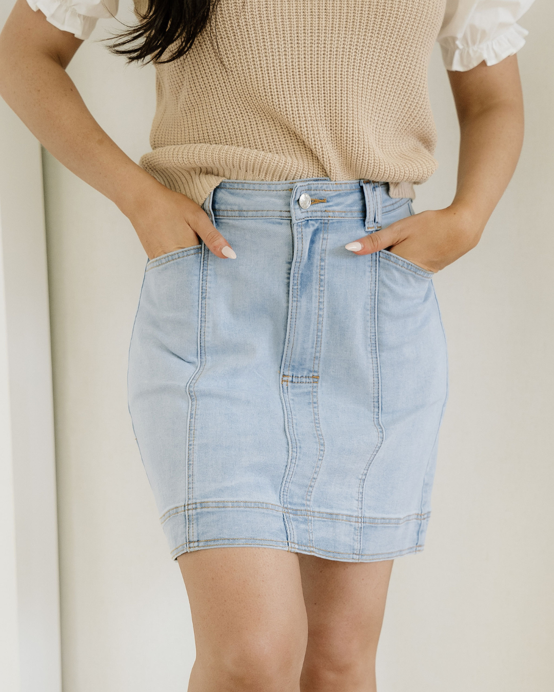Juliet Exposed Seam Detail A-line Denim Mini Skirt with Pockets in Beau Blue view 4 - Pockets Skirt (bottom)
