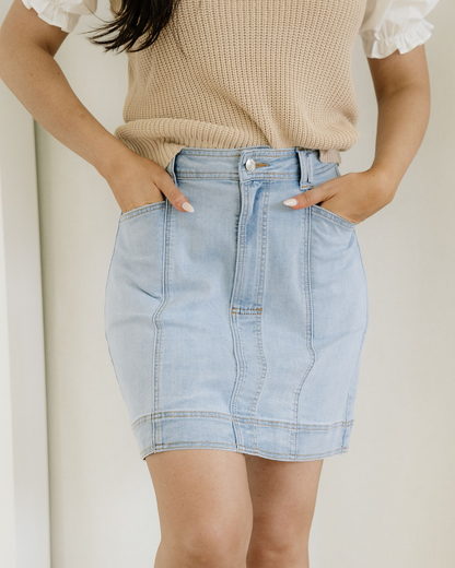 Juliet Exposed Seam Detail A-line Denim Mini Skirt with Pockets in Beau Blue view 4 - Pockets Skirt (bottom)