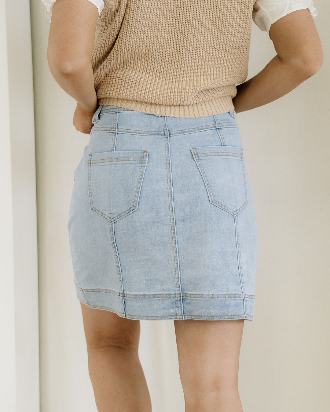 Juliet Exposed Seam Detail A-line Denim Mini Skirt with Pockets view 6 - Pockets Skirt (bottom)