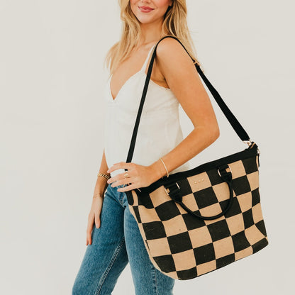 June Jute Tote Bag in Checkered Black view 3 - Bag Tote