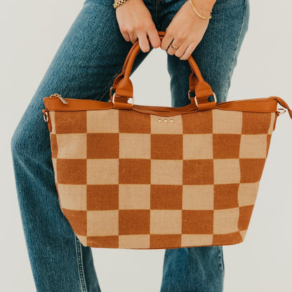 June Jute Tote Bag in Checkered Brown view 4 - Bag Tote