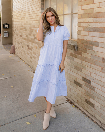 Kaeli Bubble Short Sleeve Tiered Scallop Long Dress in M view 2