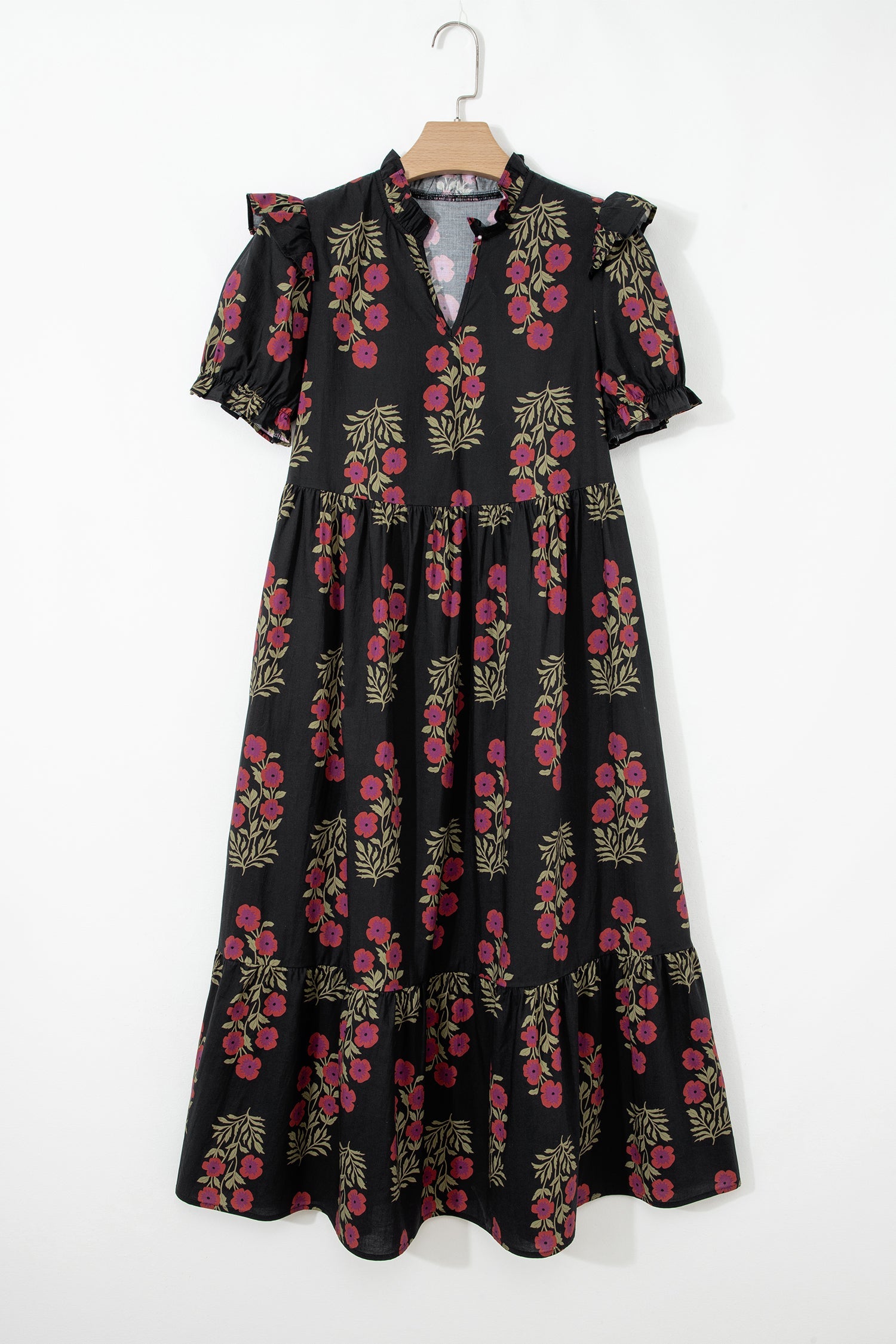 Kali Floral Short Bubble Sleeve Tiered Maxi Dress - Black Black view 2 (dress) - kali uchis floral dres - shop at us.meeeshop