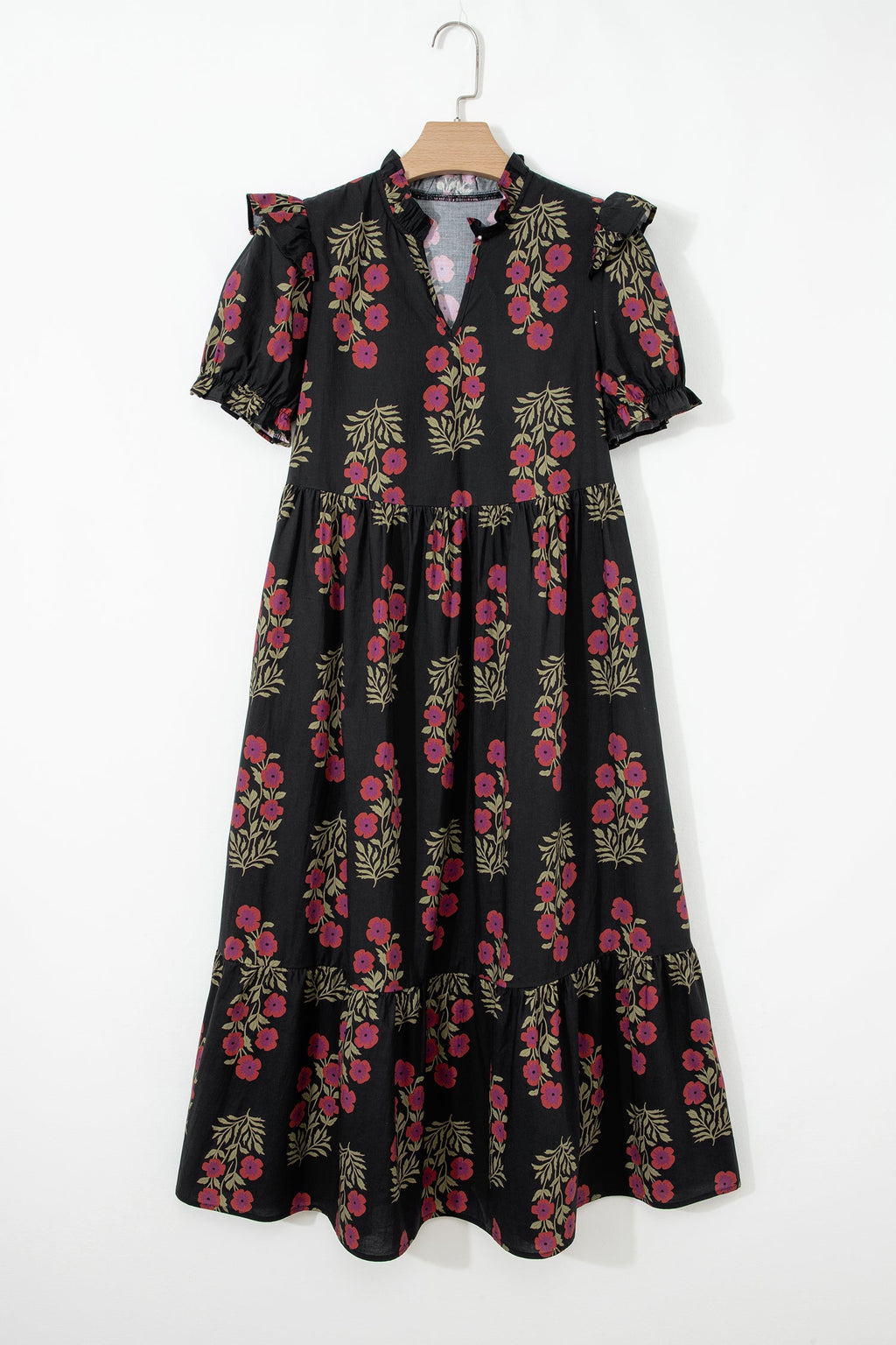 Kali Floral Short Bubble Sleeve Tiered Maxi Dress - Black Black view 2 (dress) - kali uchis floral dres - shop at us.meeeshop