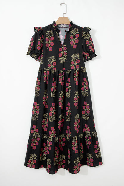kali floral short Kali Floral Short Bubble Sleeve Tiered Maxi Dress - Black view 2 (dress) - shop at us.meeeshop
