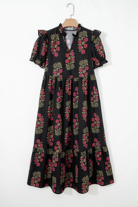 kali floral short Kali Floral Short Bubble Sleeve Tiered Maxi Dress - Black view 2 (dress) - shop at us.meeeshop