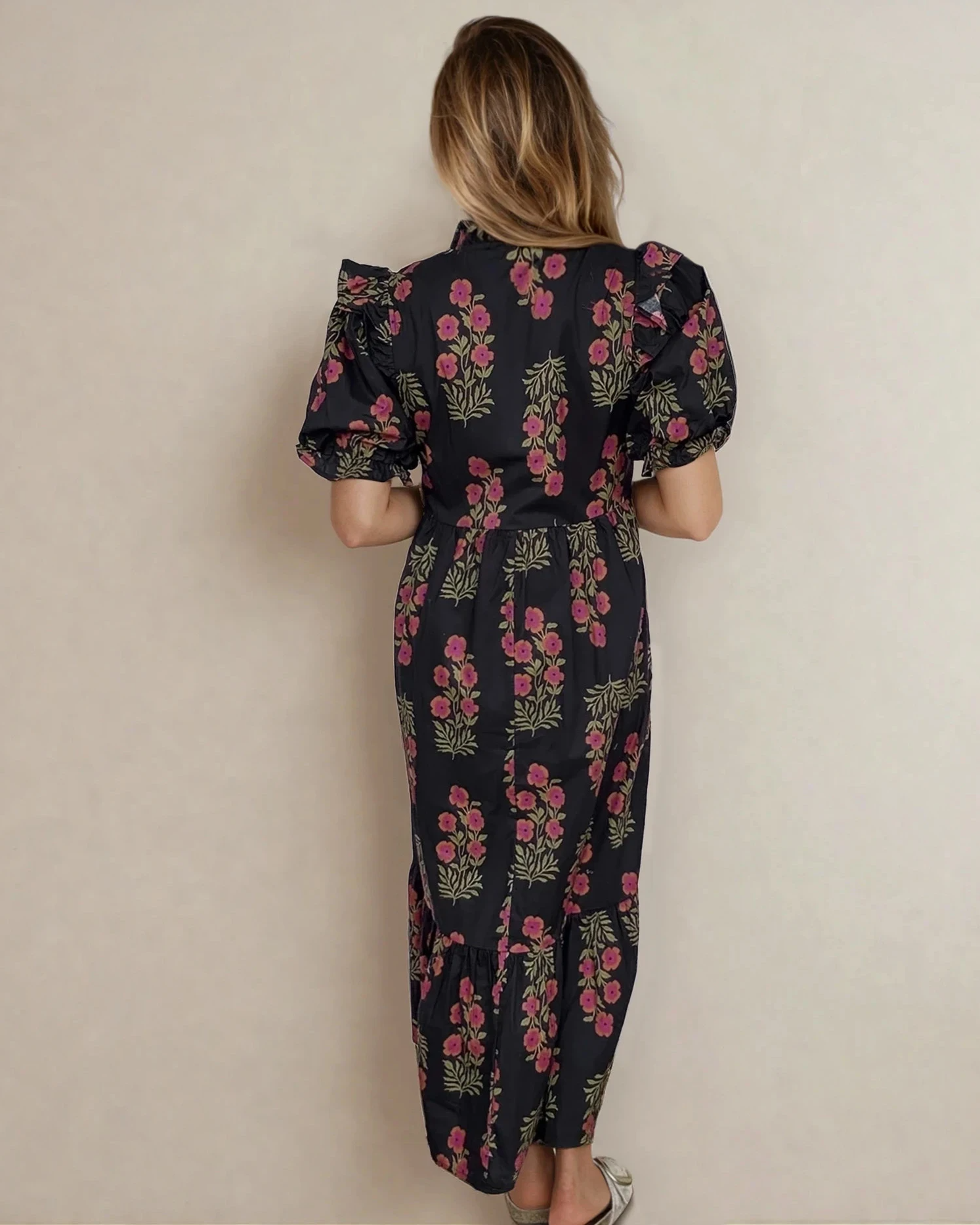 kali floral short Kali Floral Short Bubble Sleeve Tiered Maxi Dress - Black view 3 (dress) - shop at us.meeeshop