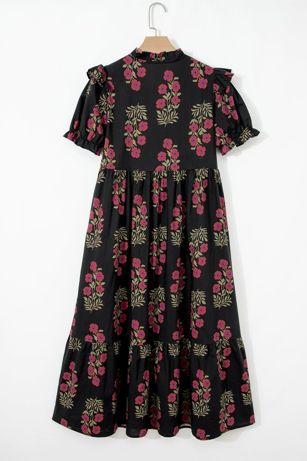 Kali Floral Short Bubble Sleeve Tiered Maxi Dress - Black Black view 4 (dress) - kali uchis floral dres - shop at us.meeeshop