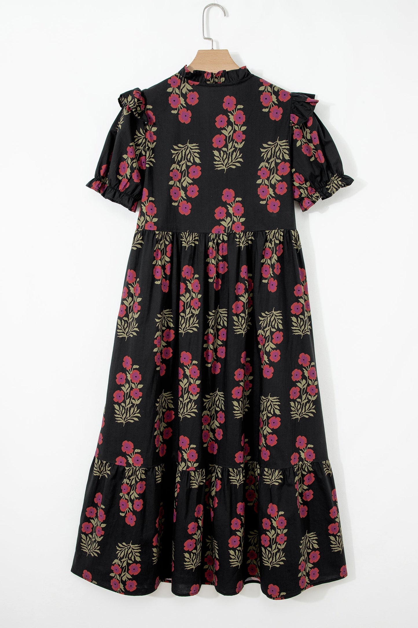 kali floral short Kali Floral Short Bubble Sleeve Tiered Maxi Dress - Black view 4 (dress) - shop at us.meeeshop