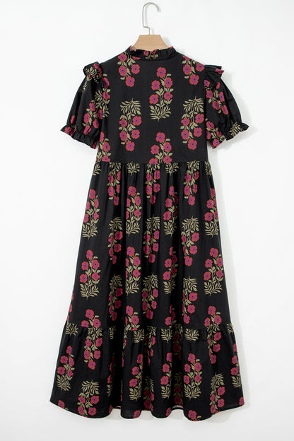 kali floral short Kali Floral Short Bubble Sleeve Tiered Maxi Dress - Black view 4 (dress) - shop at us.meeeshop