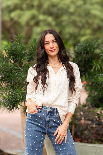 Kathryn Button-up, Beige Stripes in Beige (top)