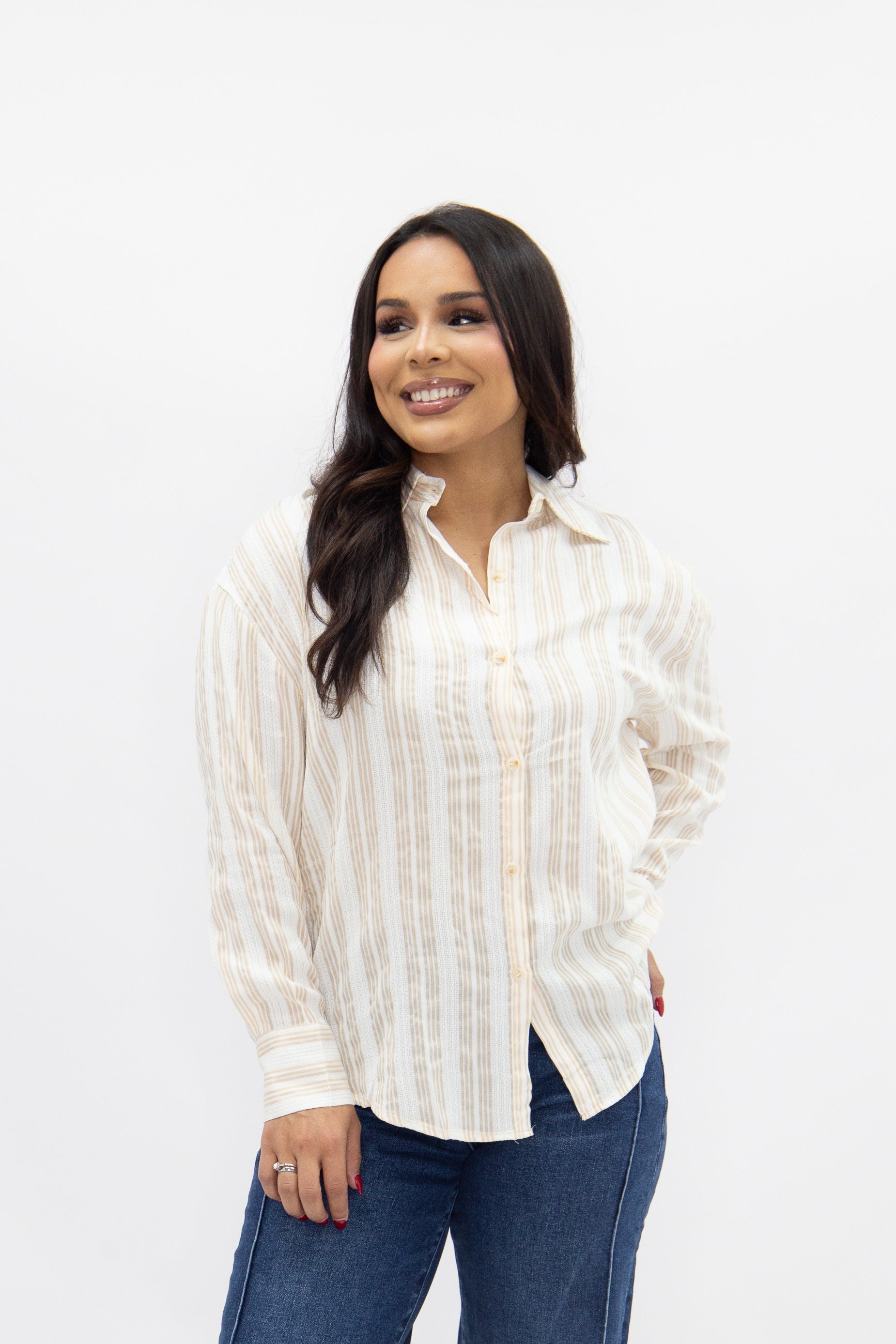 Kathryn Button-up, Beige Stripes in Beige view 3 (top)